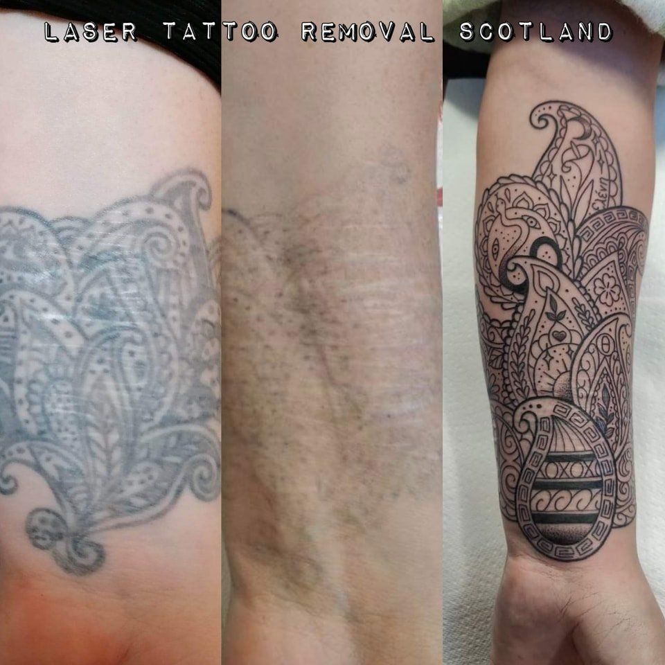 A before and after picture of a tattoo on a person 's arm