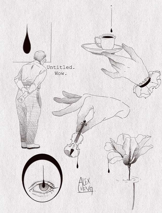 A black and white drawing of a man holding a cup of coffee.