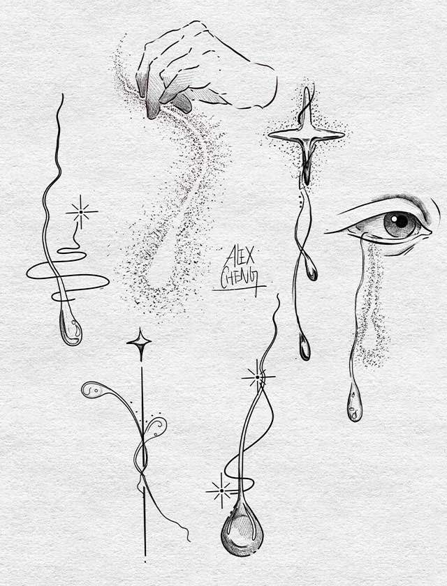 A black and white drawing of a crying eye and a cross