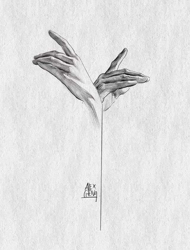 A black and white drawing of two hands reaching out towards each other.