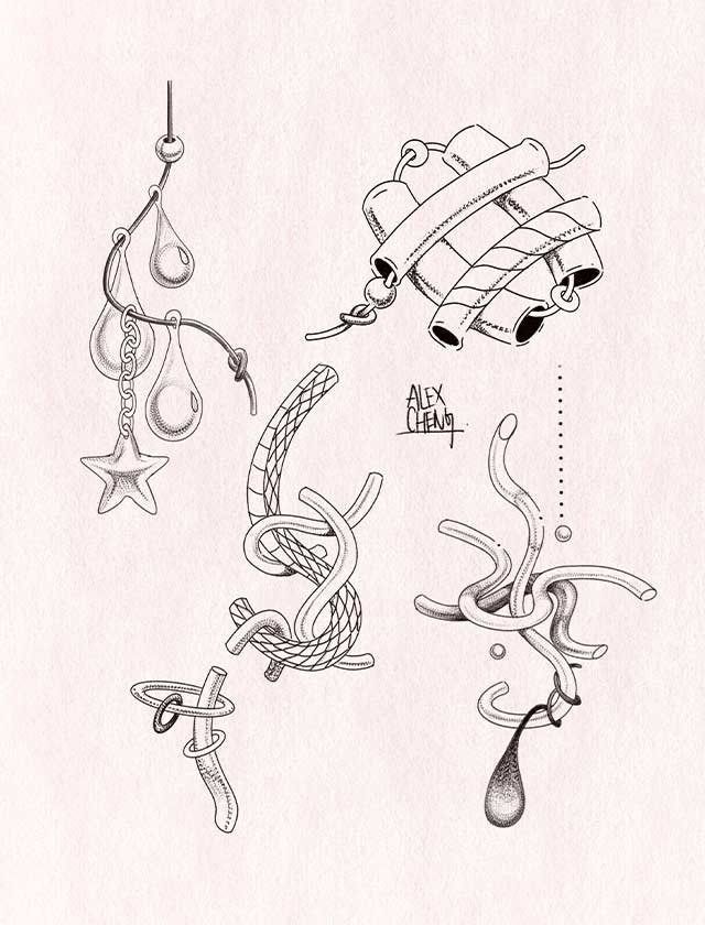 A black and white drawing of ropes and a star