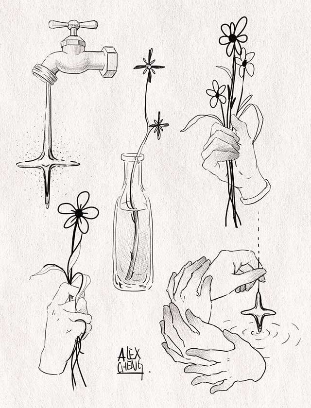 A black and white drawing of a person holding a flower in a vase.