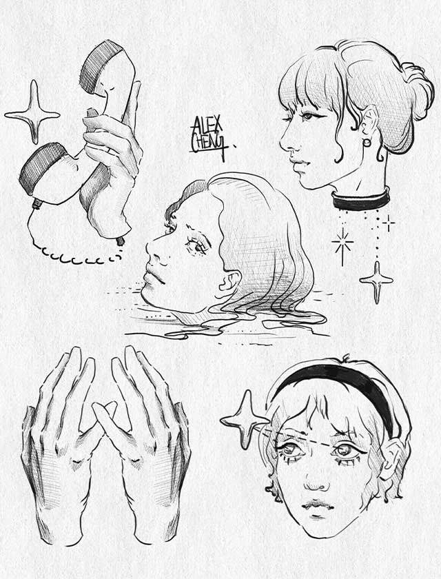 A black and white drawing of a woman holding a telephone.