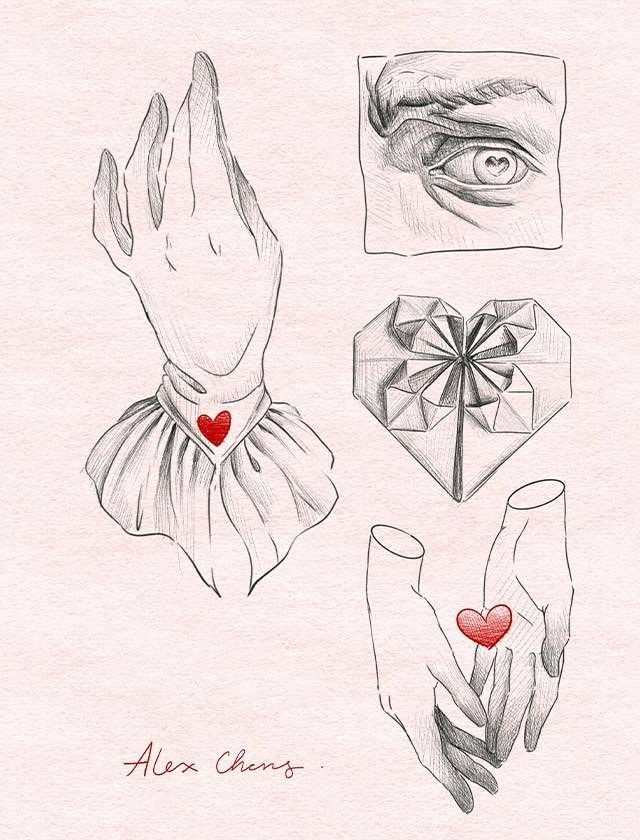 A drawing of a hand , an eye , a heart , and a flower.