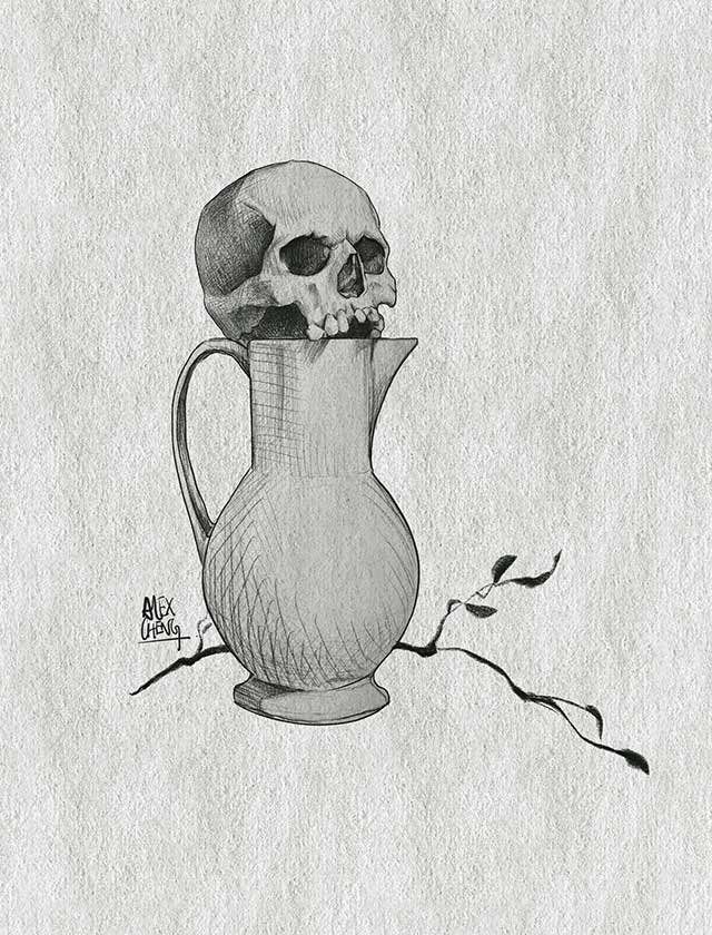 A skull is sitting on top of a pitcher.