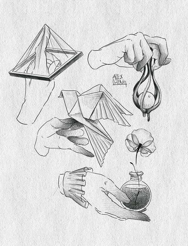 A black and white drawing of a person holding a bottle and a flower.