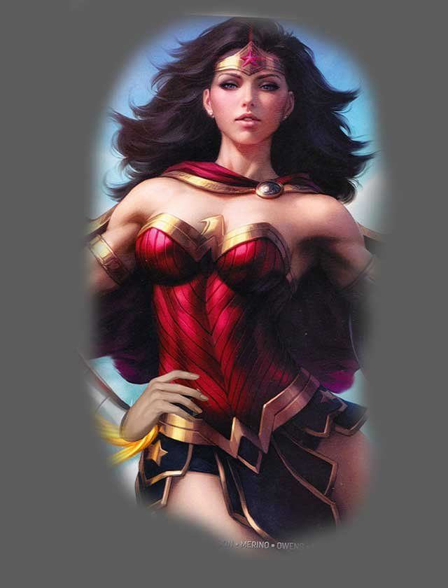 A painting of wonder woman with a crown on her head