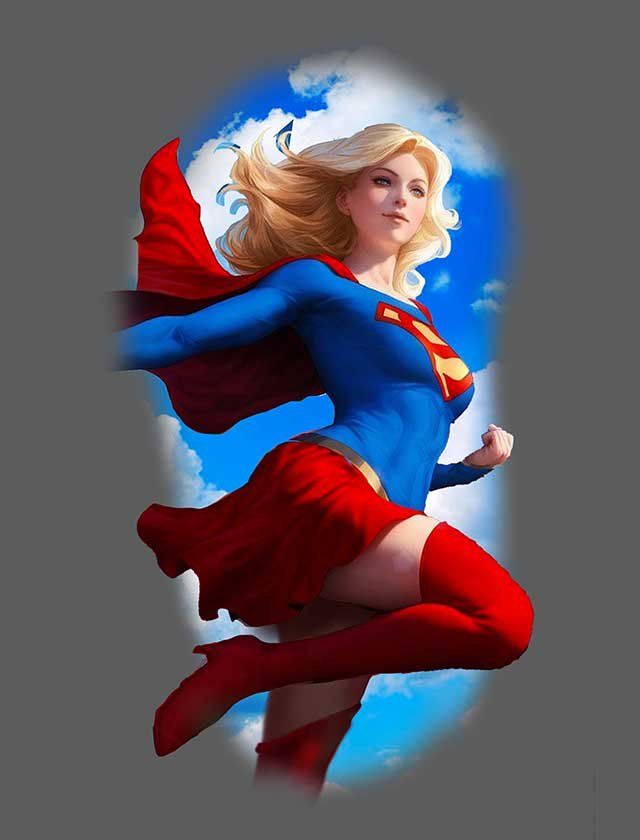 A woman in a superman costume is flying through the air