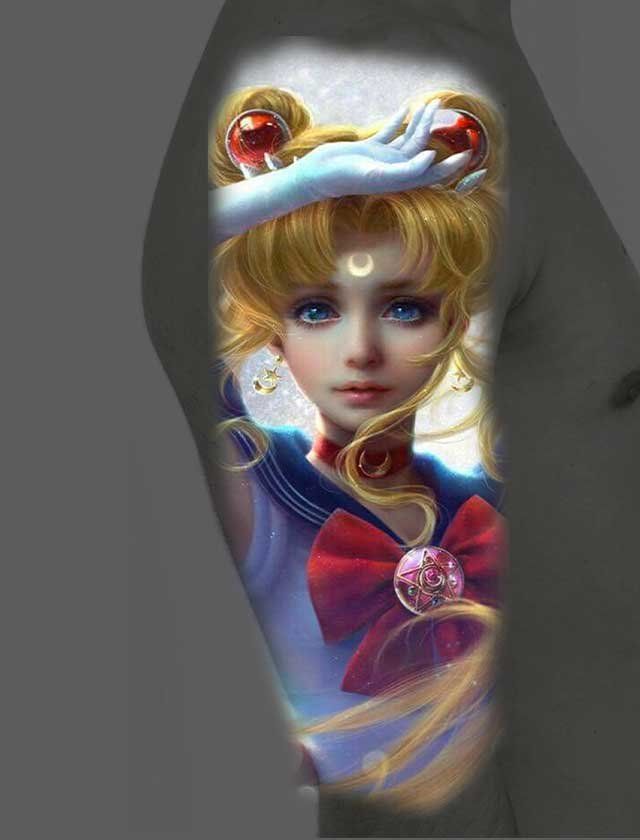 A tattoo of sailor moon on a person 's leg.