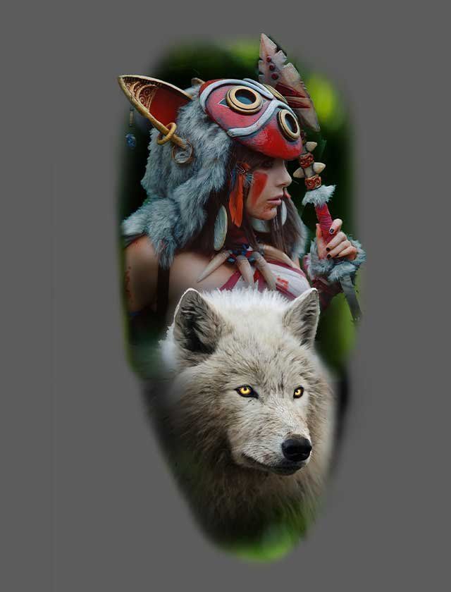 A woman in a native american costume is standing next to a wolf.