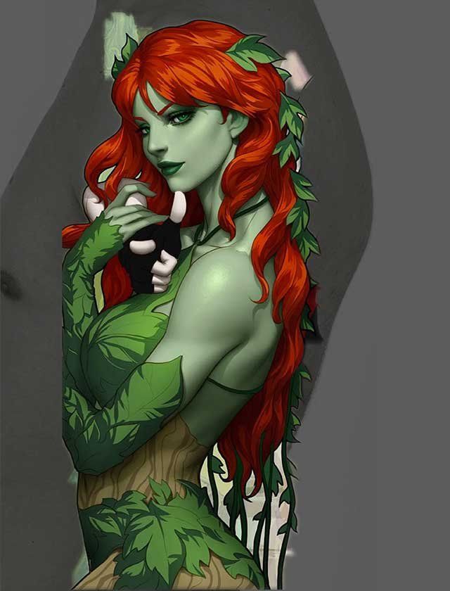Poison ivy is a superhero with red hair and green leaves on her body.