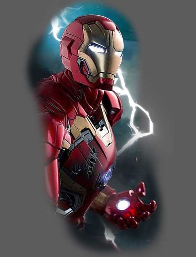 A drawing of iron man with lightning behind him.