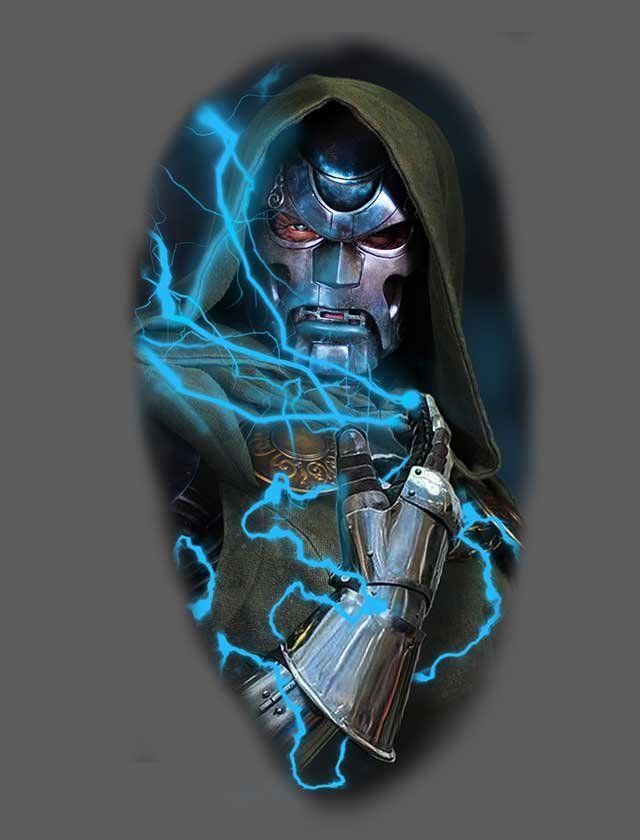 A tattoo of doctor doom with lightning coming out of his hand.