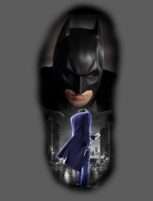 A tattoo of batman and the joker standing next to each other.