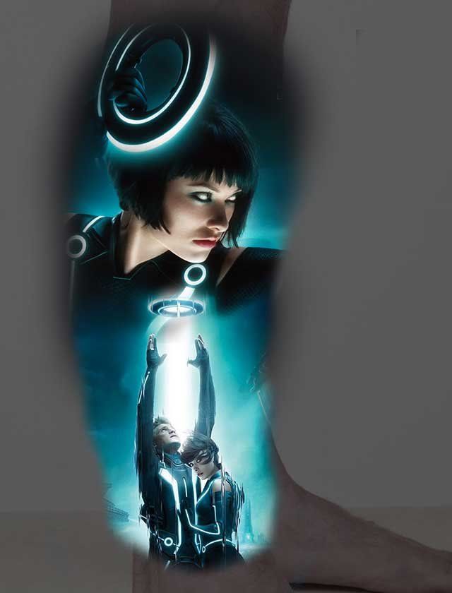 A tattoo of a woman and a man from the movie tron