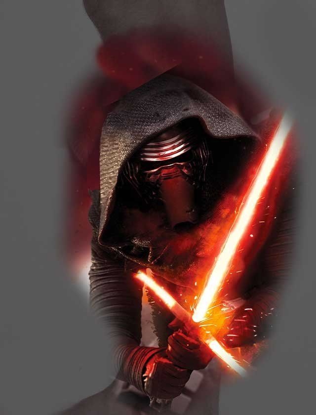 Kylo ren from star wars is holding a red light saber.