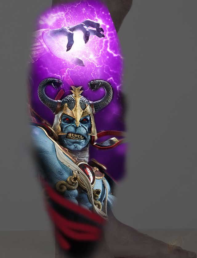 A tattoo of a demon with horns and a purple lightning bolt on his head.