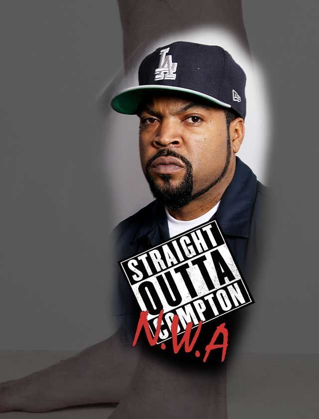 A picture of ice cube with the words straight outta compton