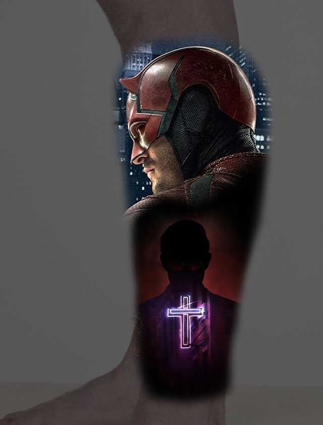 A tattoo of daredevil with a neon cross on his back.