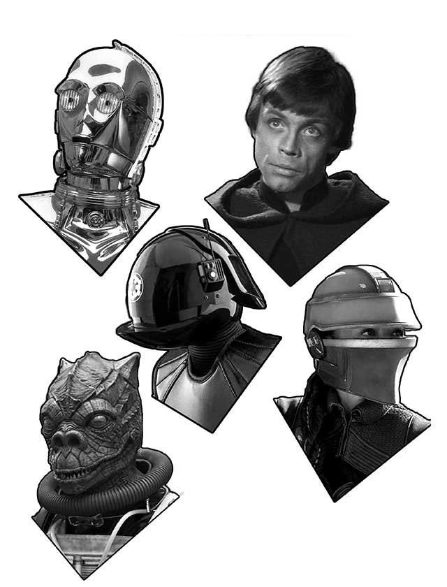 A black and white drawing of various star wars characters