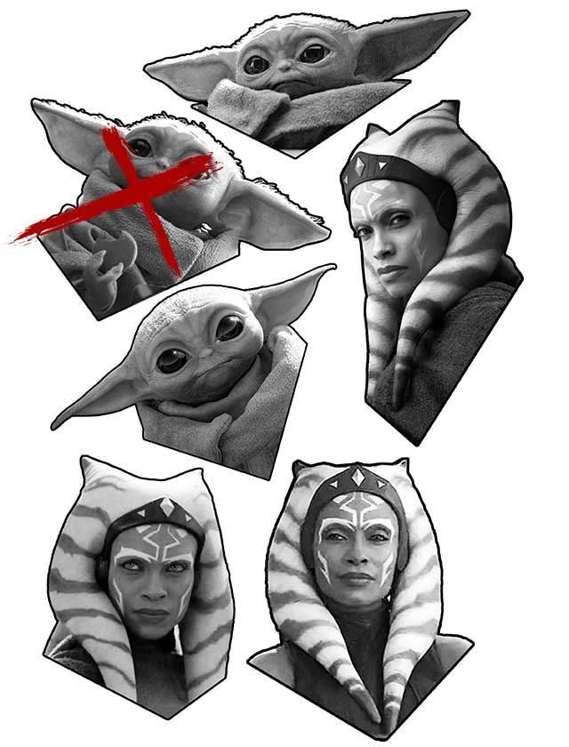 A black and white drawing of a baby yoda and ahsoka tano