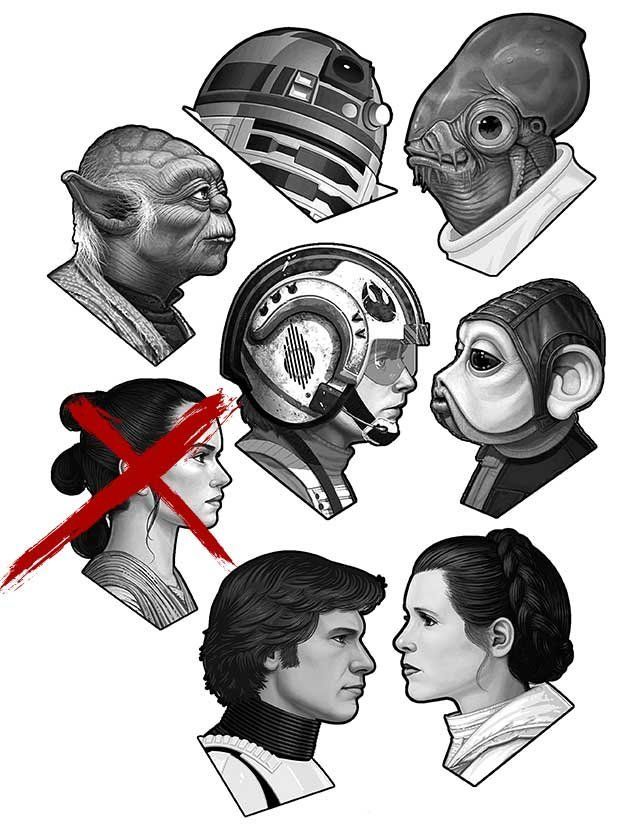 A black and white drawing of a group of star wars characters