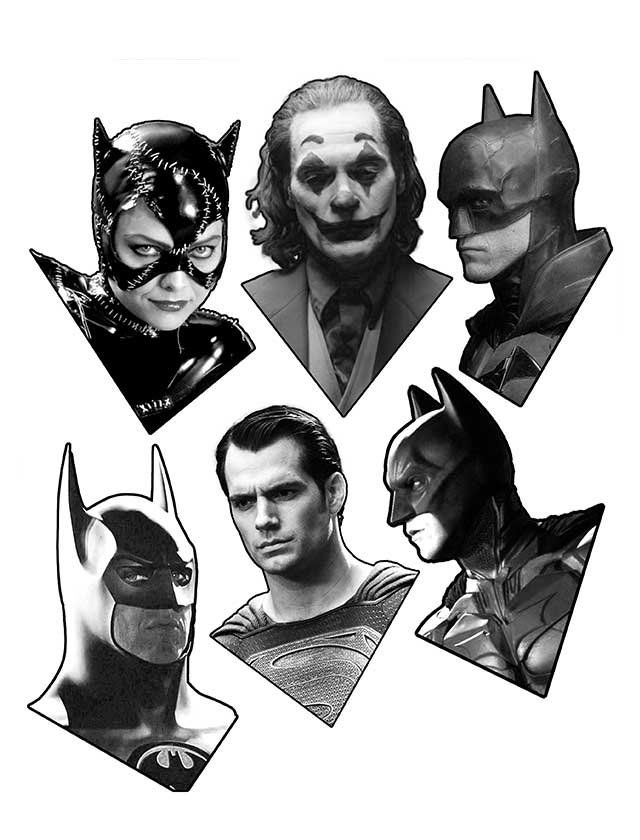 A black and white drawing of batman , catwoman , joker , and superman