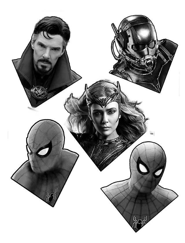 A black and white drawing of doctor strange , ant man , scarlet witch , and spider man.