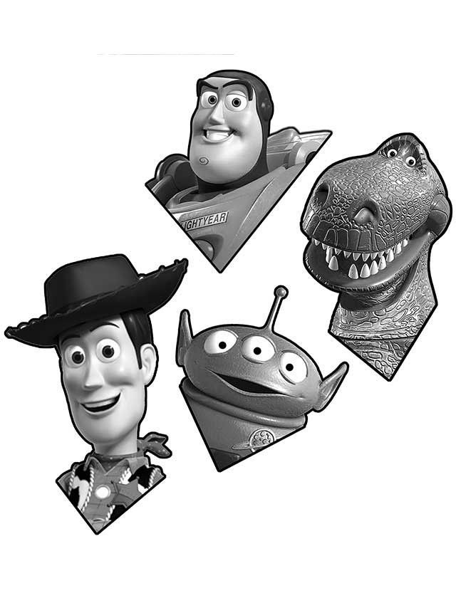 A black and white photo of woody , buzz lightyear , and rex from toy story.