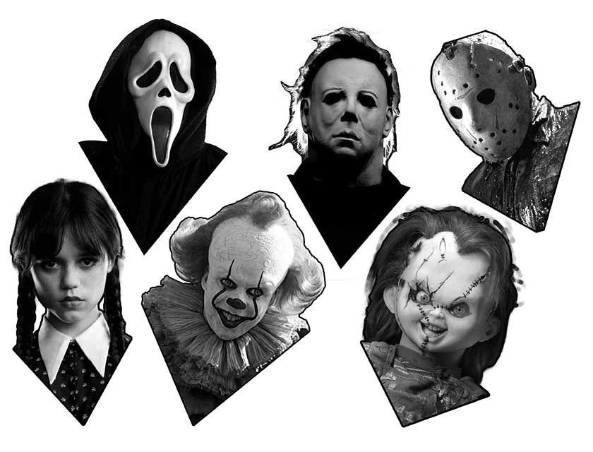 A black and white photo of scream jason voorhees clown and chucky