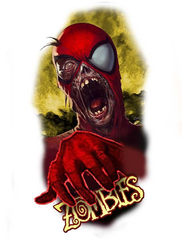 A picture of a zombie spider man with the word zombies below him