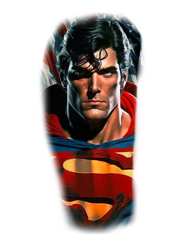 A tattoo of superman with an american flag in the background.