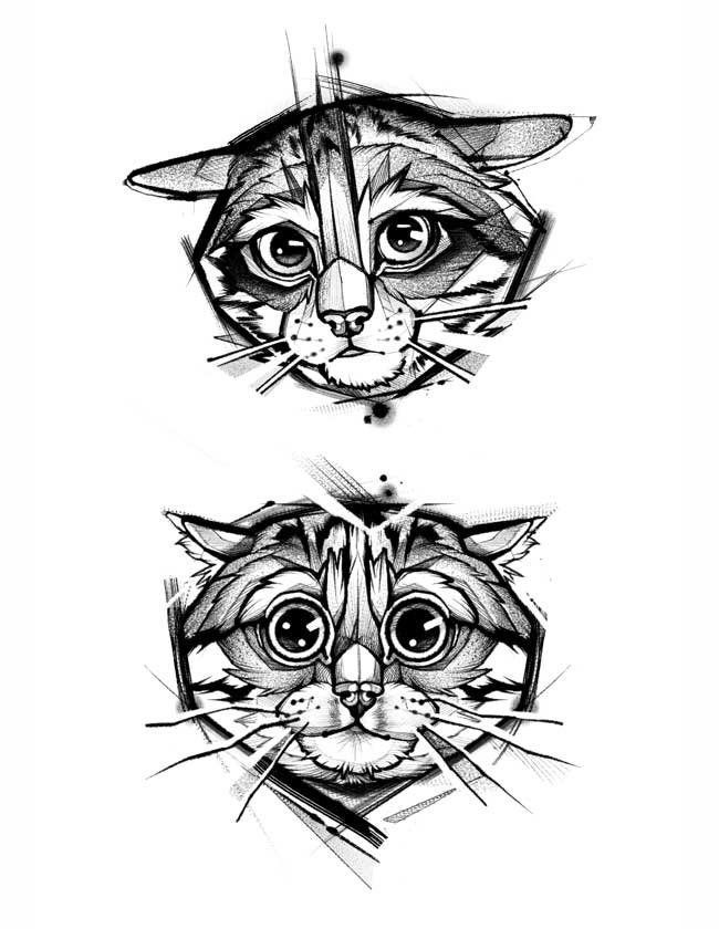 A black and white drawing of a cat 's head on a white background.