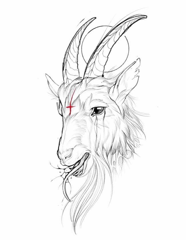 A black and white drawing of a goat with horns and a red cross on its forehead.