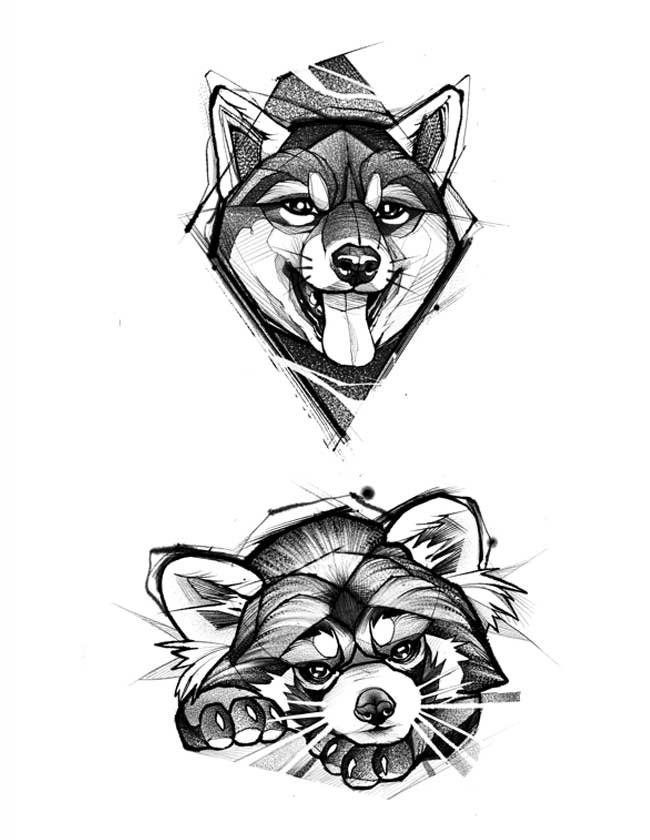 A black and white drawing of a wolf and a raccoon.