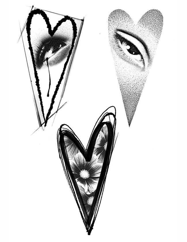 A black and white drawing of three hearts with a flower in the middle.