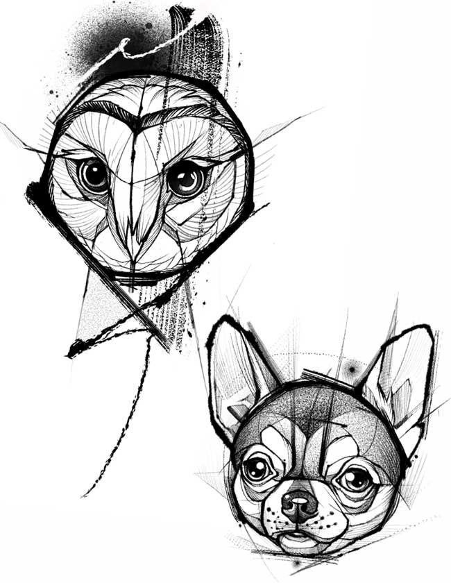 A black and white drawing of an owl and a chihuahua.