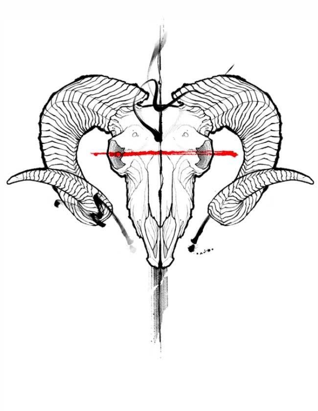 A black and white drawing of a ram 's skull with horns and a cross.
