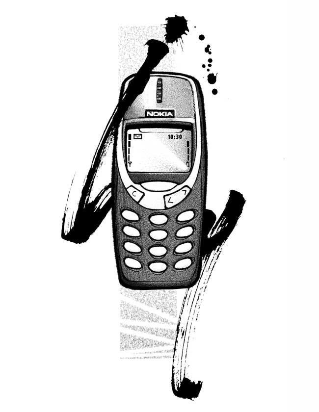 A black and white drawing of a nokia cell phone