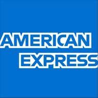 The american express logo is on a blue background.