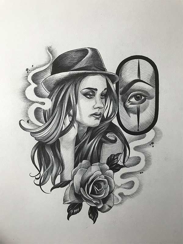 A black and white drawing of a woman in a hat with a rose and an eye.