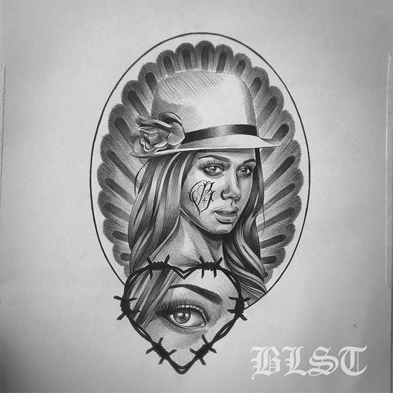 A black and white drawing of a woman wearing a hat