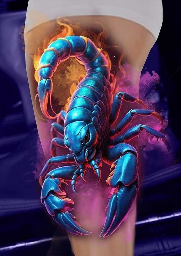 A blue scorpion tattoo on a woman 's leg.