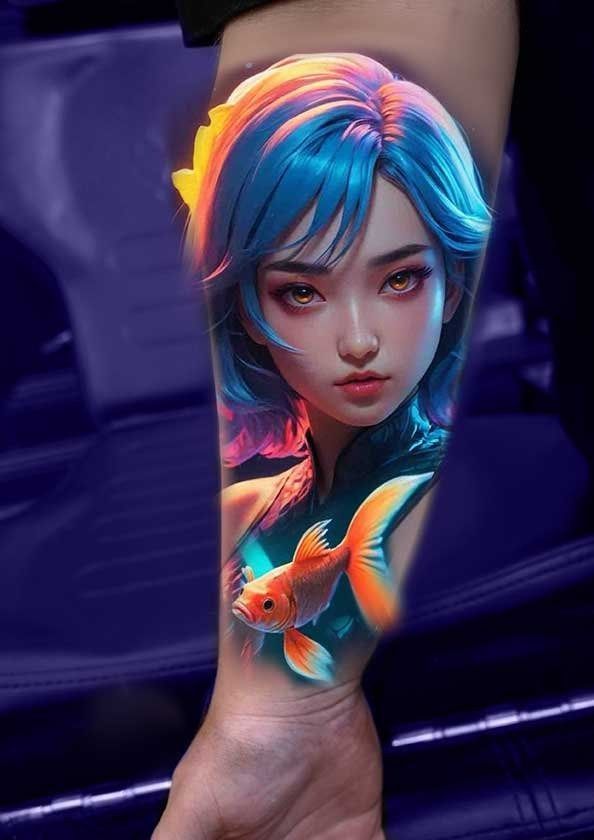 A woman with blue hair has a tattoo of a fish on her arm.