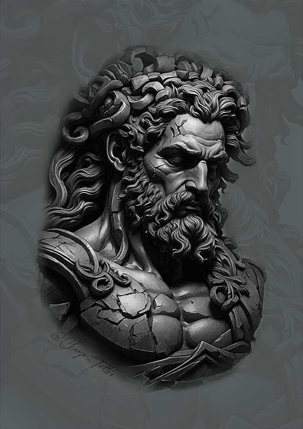 A black and white statue of a man with a beard and long hair.