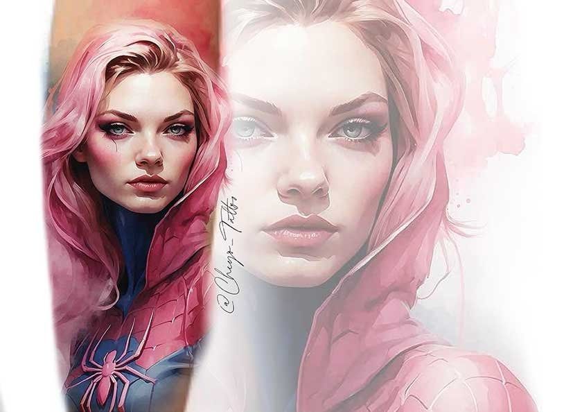 A painting of a woman with pink hair and a spider on her chest.