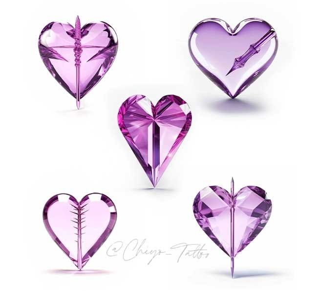 A set of purple heart shaped crystals with the word change tattoo on the bottom