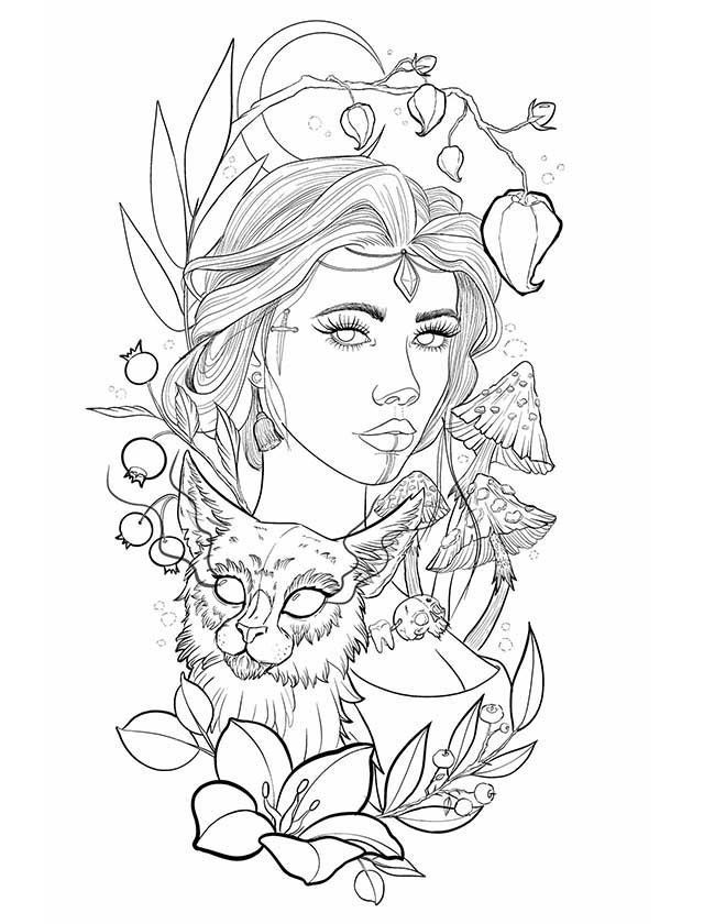 A black and white drawing of a woman with a cat on her head surrounded by flowers and mushrooms.
