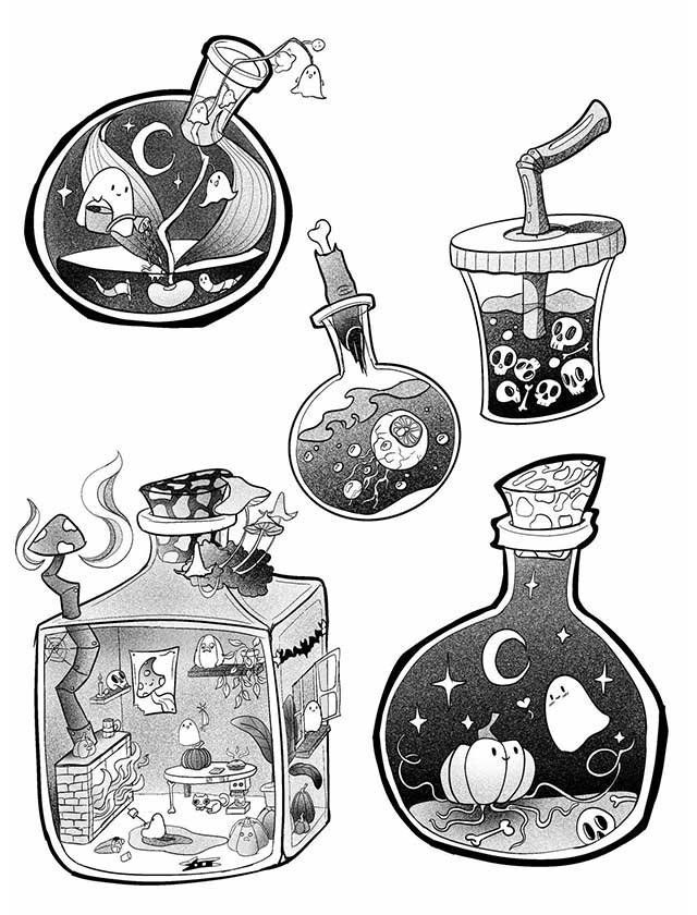 A black and white drawing of a variety of potions in bottles.