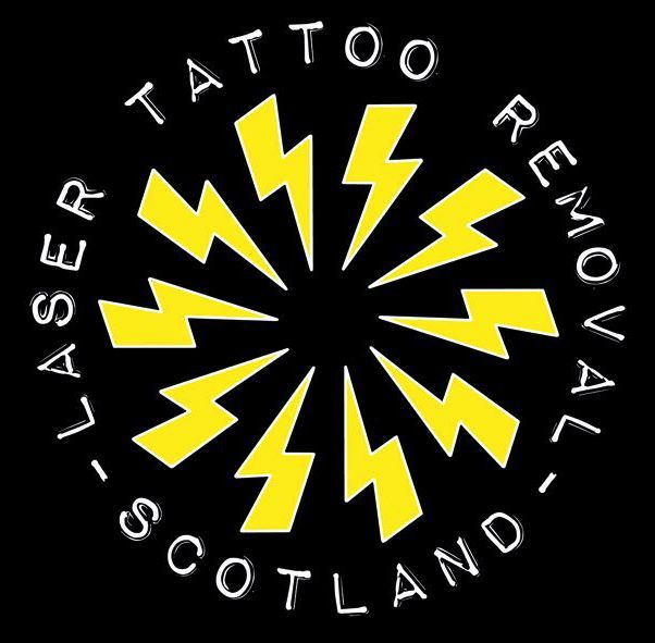 A logo for laser tattoo removal in scotland with lightning bolts in a circle.